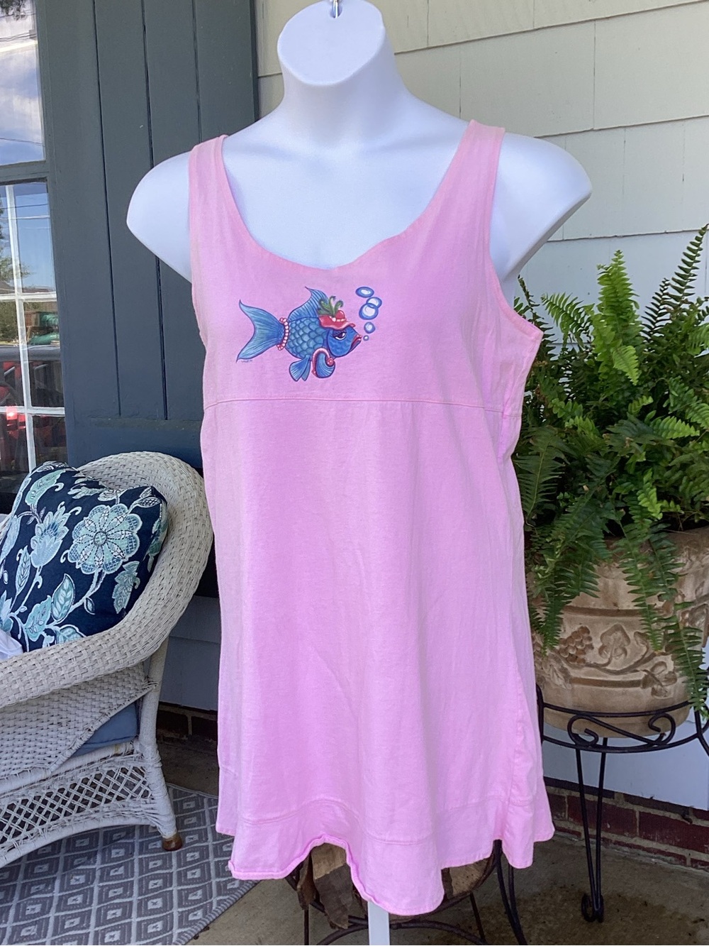Pink Sleeveless Swimsuit Coverup with Cute Fish Graphic and Ruffle Hem Size M
